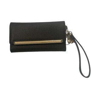 NWT Steve Madden Black Faux Pebble Leather Zip-Around Wristlet Wallet Gold Hardw